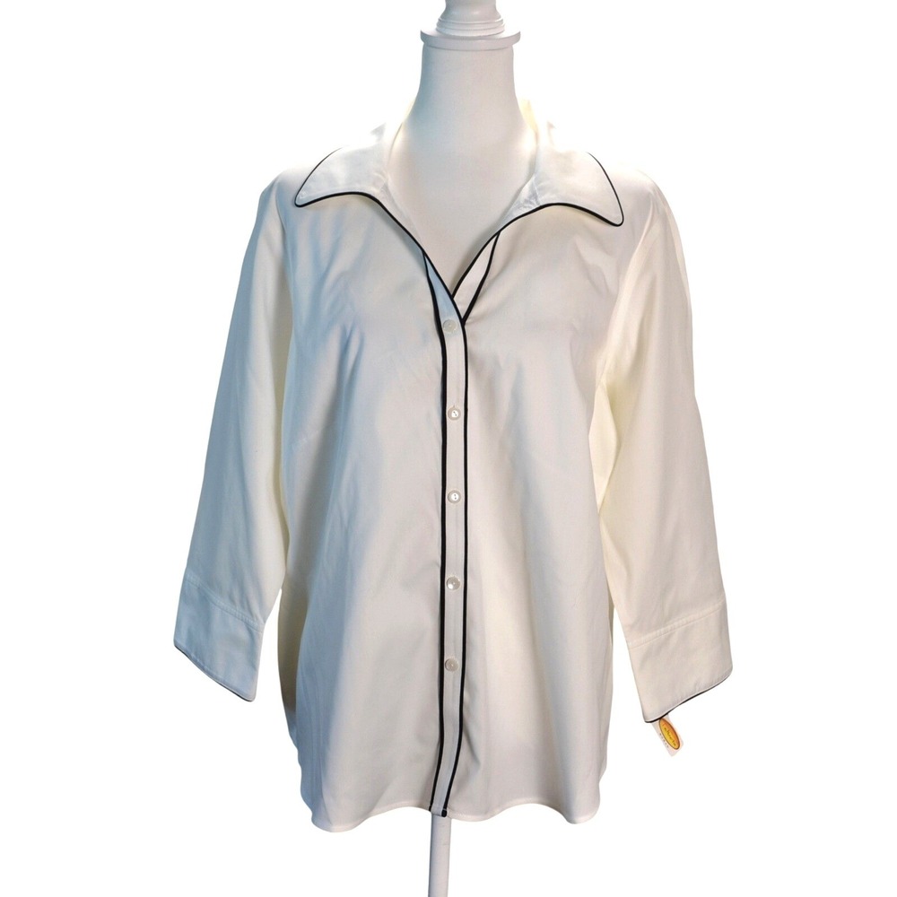 Vintage‎ Talbots Button Down Shirt Women 14W White Excellent Contrast Piping
